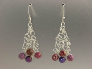 Hand knit fine silver with purple impression jasper earrings by Kate Wilcox-Leigh