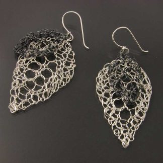 Hand knit leaf lace earrings medium polished with small oxidized motif by Kate Wilcox-Leigh